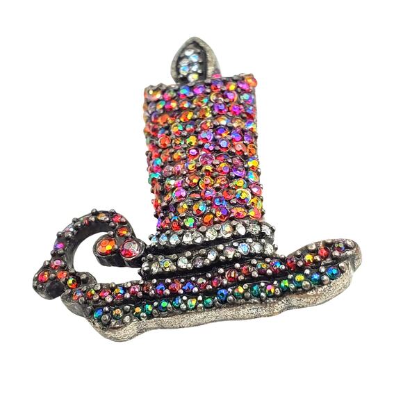Multi Color Crystal Candle Brooch Candelabra Stick Pin Vintage Christmas Holiday - Picture 2 of 6